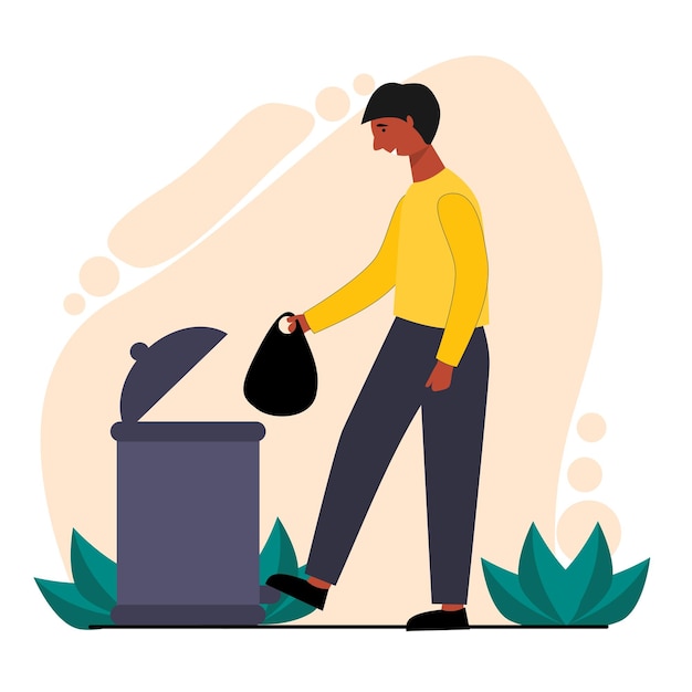 Vecteur garçon jetant des ordures dans le vecteur de caractères d'illustration de poubelle