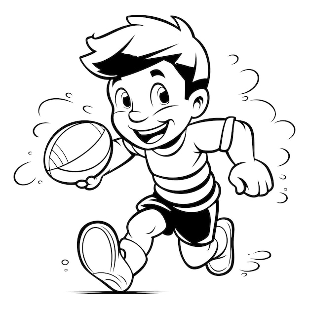 Vecteur garçon jouant au rugby illustration de dessin animé en noir et blanc pour livre à colorier
