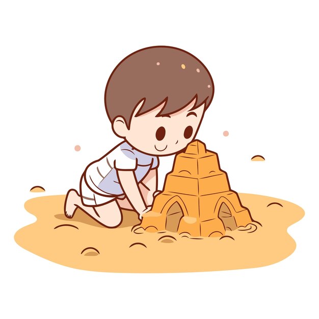 Vecteur un garçon jouant à un château de sable d'un garçon qui joue à un châtel de sable