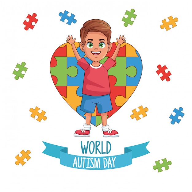 Garçon De La Journée Mondiale De L'autisme Avec Puzzle Coeur Vector Illustration Design