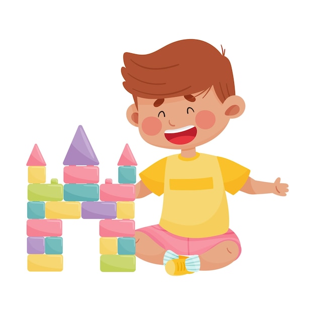 Un garçon joyeux assis et jouant avec une illustration vectorielle de jouet de construction