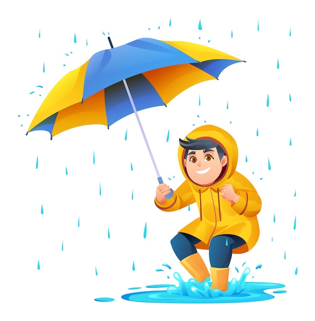 Garçon Joyeux Avec Parapluie Jouant Flaque D'eau Sous La Pluie Illustration De Dessin Animé