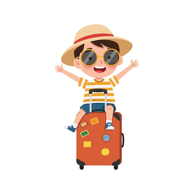 Un garçon joyeux portant des lunettes de soleil et un chapeau de paille s'assoit joyeusement sur une valise colorée dans une illustration vectorielle minimale ludique