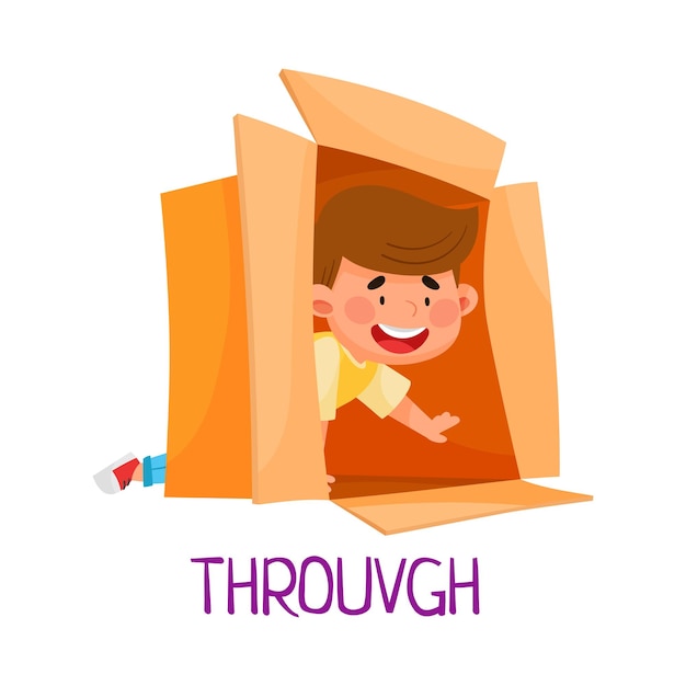 Vecteur un garçon joyeux rampant à travers une boîte en carton en tant que préposition de l'illustration du vecteur de mouvement