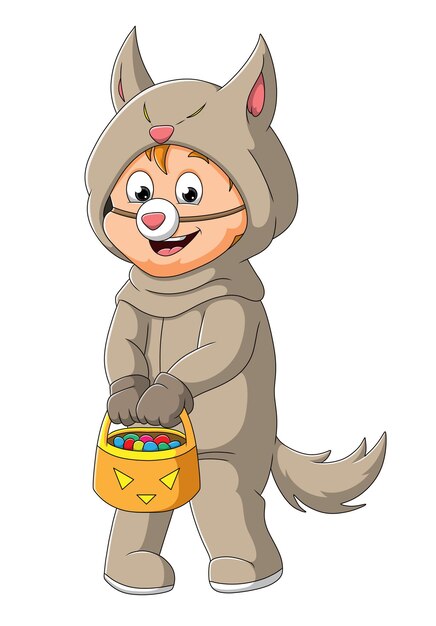 Le Garçon Mignon Avec Le Costume De Loup Tient Le Panier De Bonbons D'illustration