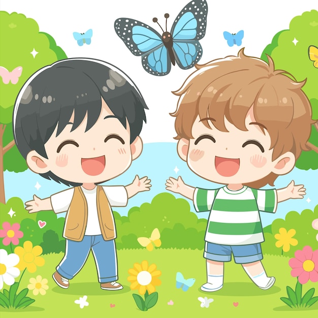 Un garçon mignon et une fille heureux attrapant un papillon dans l'illustration vectorielle du parc