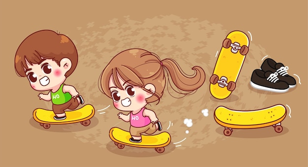 Garçon Mignon Et Fille Jouent Illustration De Dessin Animé De Skateboard