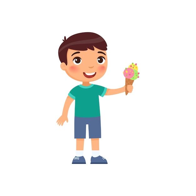 Garçon Mignon Avec De La Glace. Enfant Heureux Avec Personnage De Dessin Animé De Dessert D'été Doux. Petit Enfant Tenant Une Glace Rafraîchissante En Cornet Gaufré