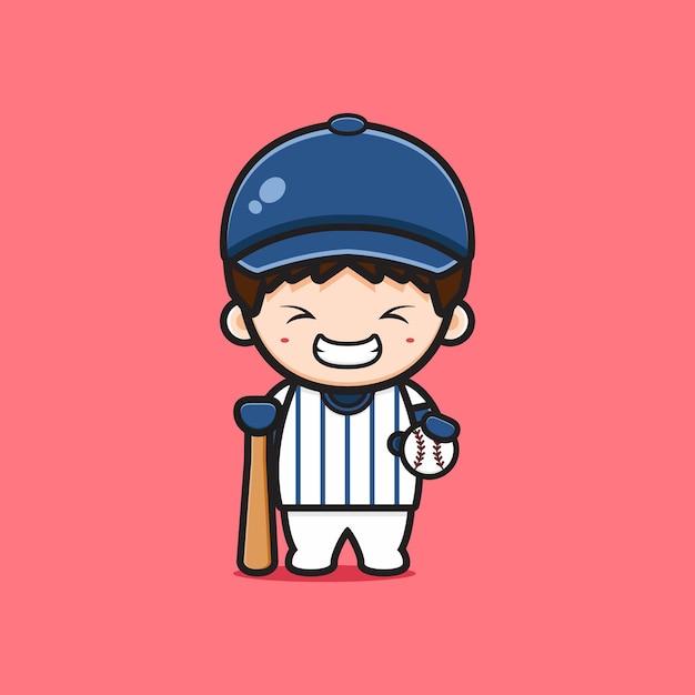 Garçon Mignon Jouant Au Baseball Icône Illustration De Dessin Animé. Concevoir Un Style Cartoon Plat Isolé