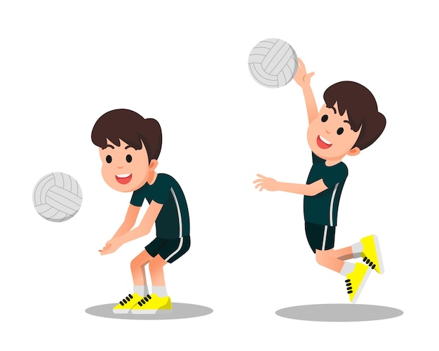 un garçon mignon jouant au volley-ball dans deux poses