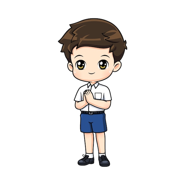 Vecteur garçon mignon en personnage de dessin animé de mascotte uniforme d'étudiant thaïlandais en illustration vectorielle de posture de salutation