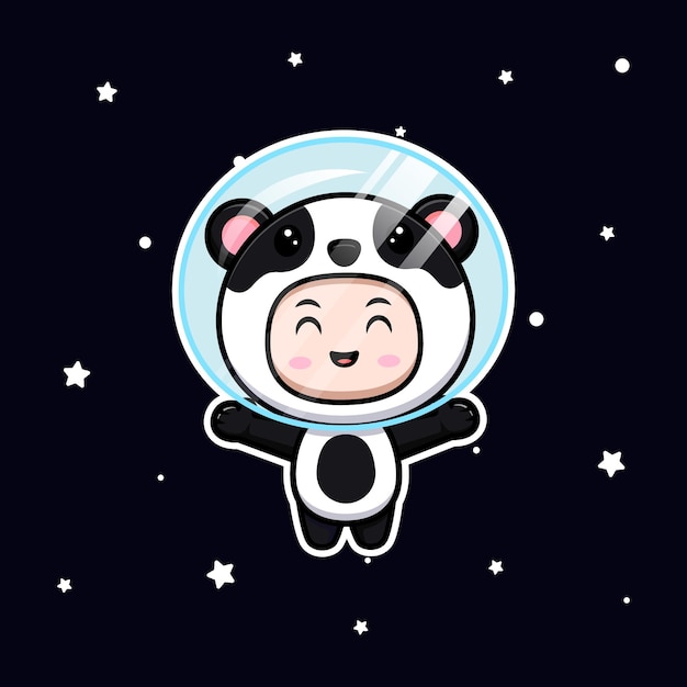 Garçon Mignon Portant Un Costume De Panda Flottant Dans L'espace. Illustration Plate De Personnage De Costume Animal