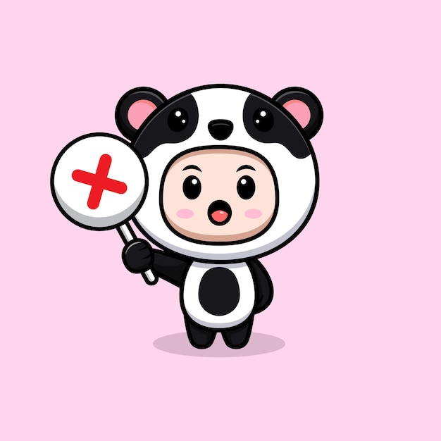 Garçon Mignon Portant Un Costume De Panda Tenant Un Mauvais Signe Ou Un Signe De Croix. Illustration Plate De Personnage De Costume Animal
