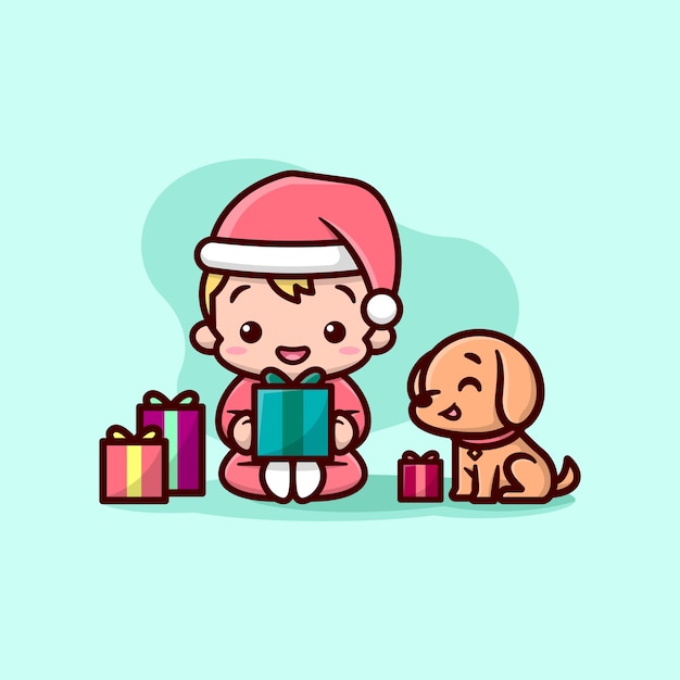 Un Garçon Mignon Et Son Chien Veulent Ouvrir Leur Cadeau De Noël