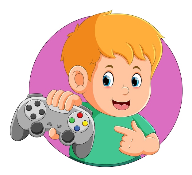 Le garçon montre le nouveau joystick pour la conception du logo rond