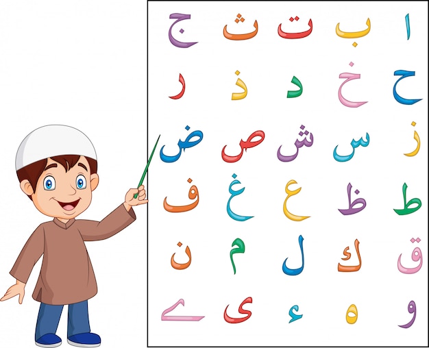 Vecteur garçon musulman enseignant l'alphabet arabe