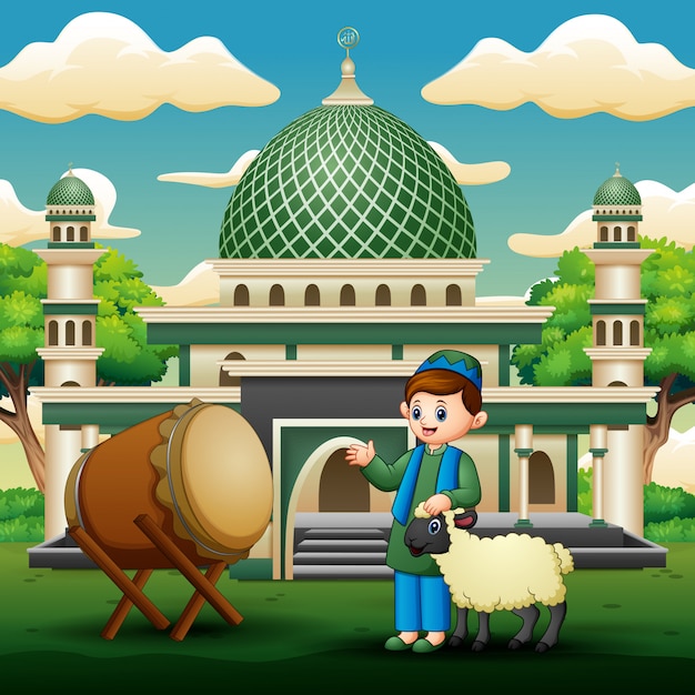 Vecteur garçon musulman avec un mouton devant la mosquée