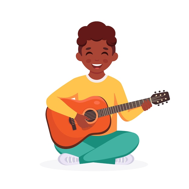 Garçon noir jouant de la guitare Enfant jouant d'un instrument de musique