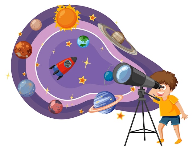 Garçon Observant Des Planètes Avec Un Télescope