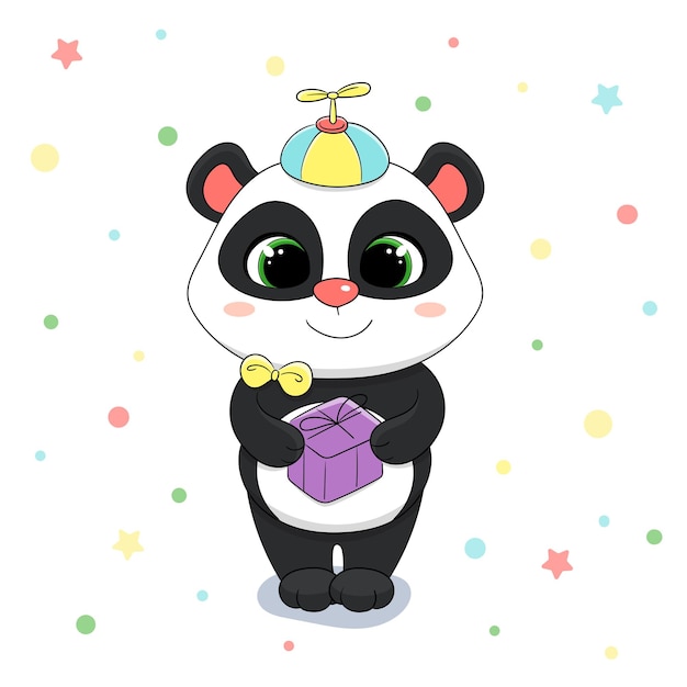 Garçon De Panda De Dessin Animé Mignon Avec Un Cadeau Lumineux Et Une Casquette Illustration Pour Enfants