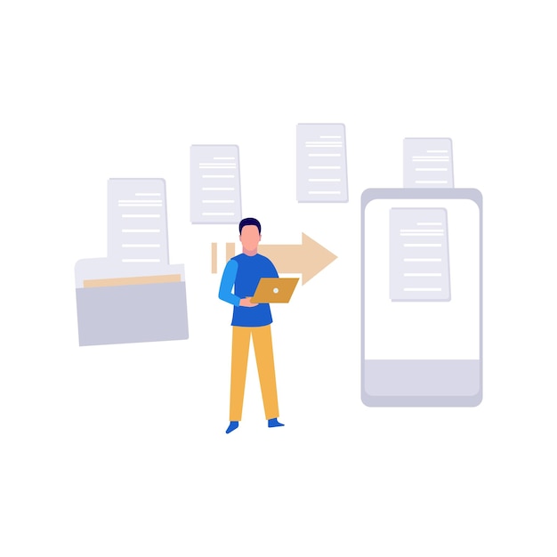 Vecteur le garçon partage un tas de fichiers sur son téléphone portable