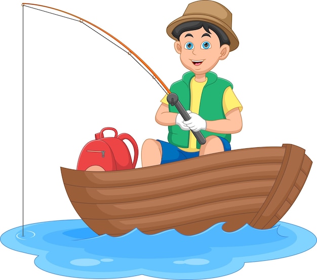 Le Garçon Est Assis Sur Un Bateau Avec Une Bobine De Fil De Pêche Dans Les  Mains, Un Appât Et Un Hameçon Sont Prêts Sur La Ligne De Pêche, Il Se  Prépare