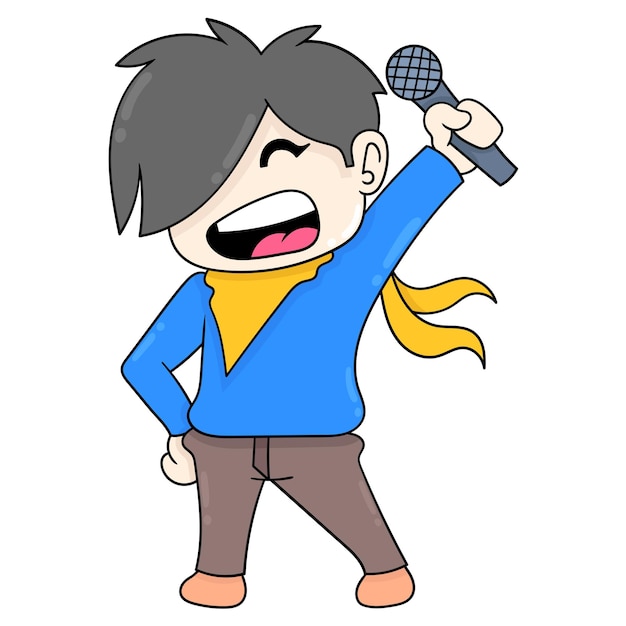 Garçon En Performance Tenant Un Microphone Chantant Joyeusement Une Chanson De Concert, Art D'illustration Vectorielle. Doodle Icône Image Kawaii.