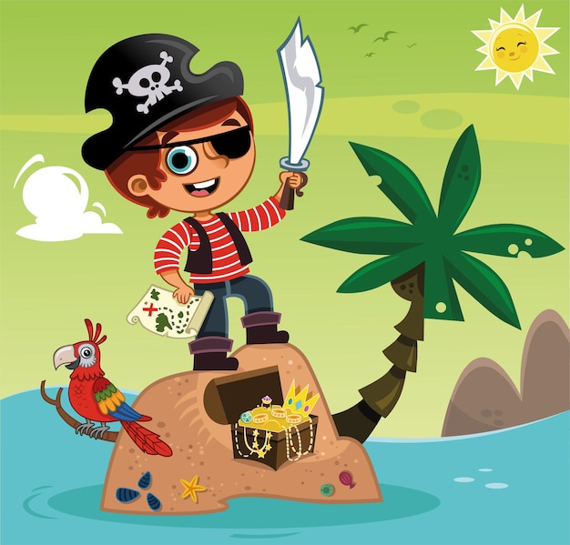 Garçon pirate mignon et son trésor Vector illustration