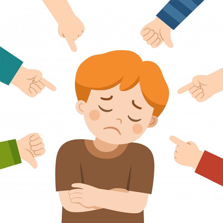 Vecteur garçon pleurant et d'autres enfants pointant sur elle et riant. l'intimidation à l'école. un garçon dans la honte et les mains avec le doigt pointé. enfant victime.
