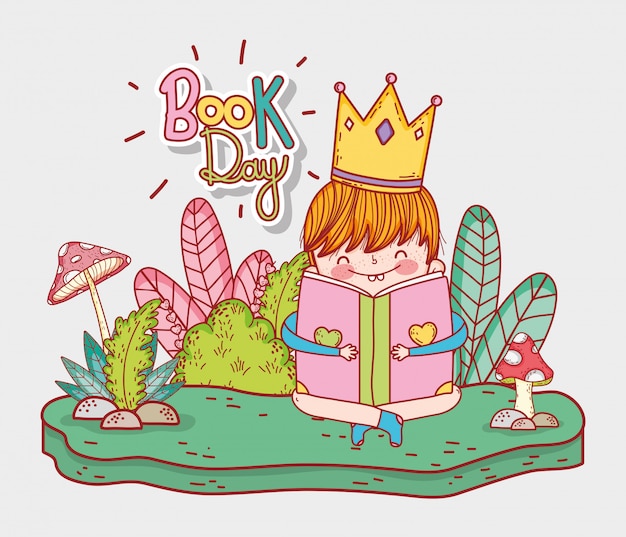 Vecteur garçon portant une couronne lire un livre avec des plantes