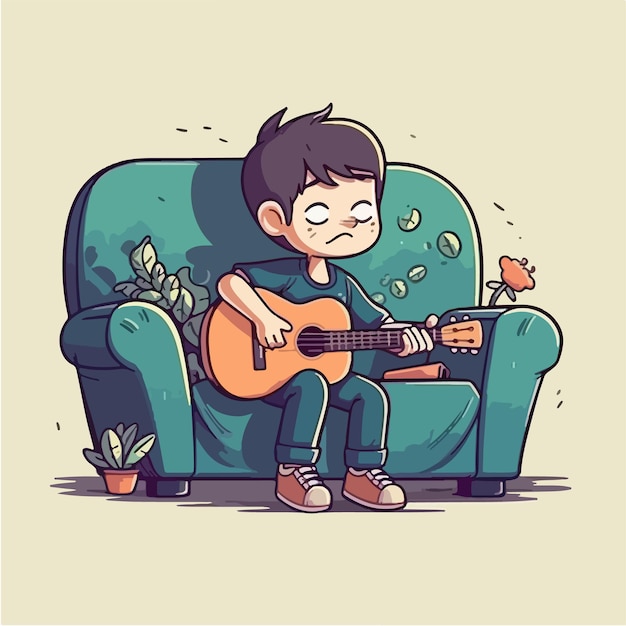 Un Garçon Qui Joue De La Guitare Est Assis Sur Un Canapé.