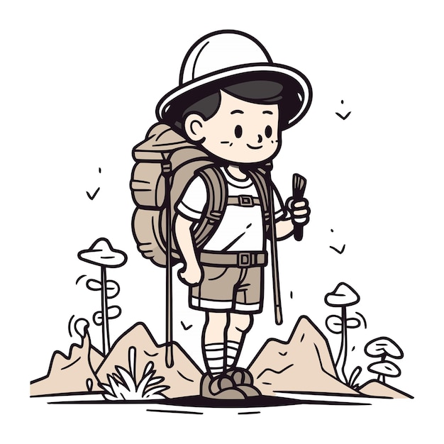 Vecteur garçon randonneur avec sac à dos et carte illustration vectorielle dans le style de dessin animé
