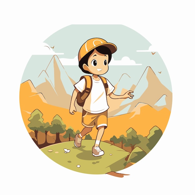 Vecteur garçon avec un sac à dos dans les montagnes illustration vectorielle dans le style de dessin animé