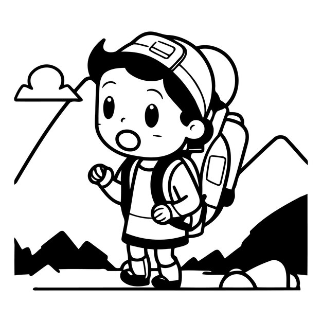 Vecteur garçon avec un sac à dos en randonnée dans les montagnes eps10