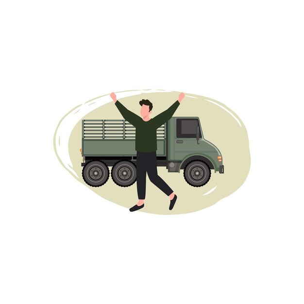 Vecteur le garçon se tient à côté d'un camion militaire