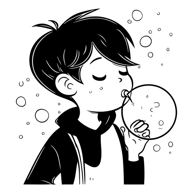 Vecteur un garçon soufflant des bulles d'un garçon qui souffle des bulles de savon