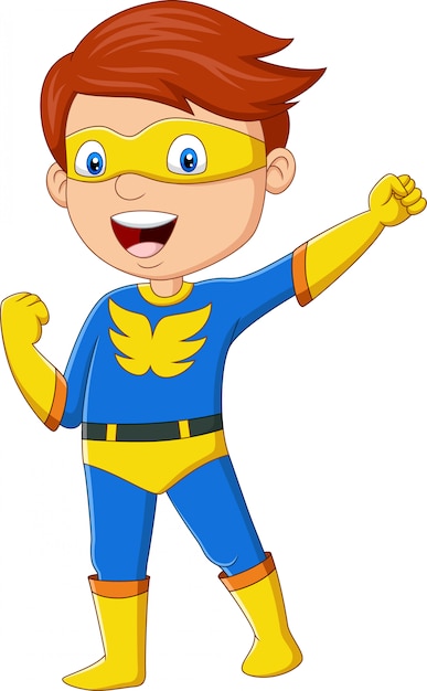 Vecteur garçon de super-héros heureux de dessin animé posant