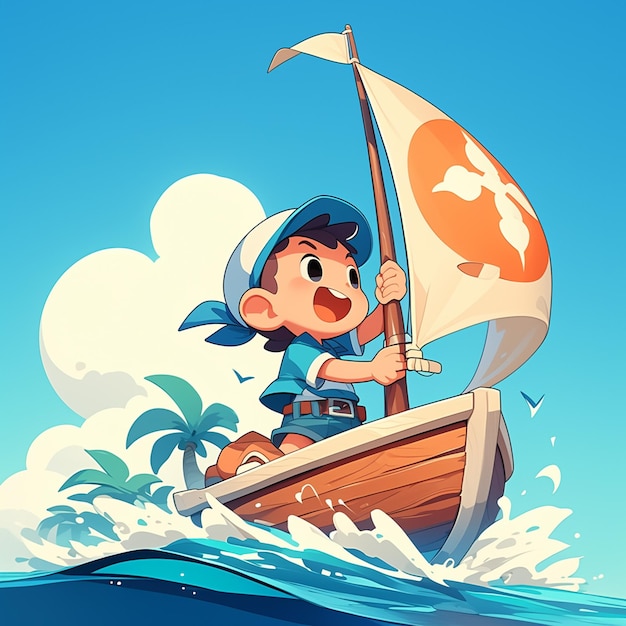 Vecteur un garçon de tampa navigue sur un bateau dans le style des dessins animés