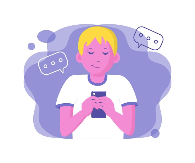 Le Garçon Avec Le Téléphone écrit Un Message Correspondance De Chat Dans Le Réseau Internetman Et Smartphone Vector Illustration Plate