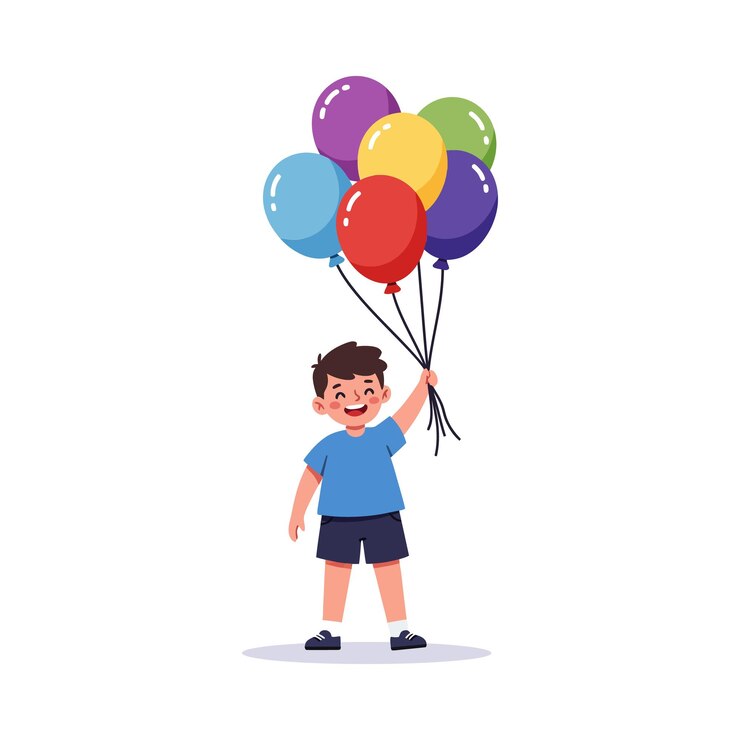 Vecteur un garçon tenant des ballons colorés dans une pose joyeuse illustration vectorielle de conception plate
