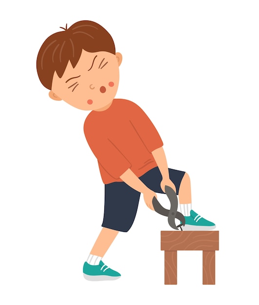 Garçon De Travail De Vecteur. Personnage Plat Drôle D'enfant Sortant Un Clou Du Tabouret Avec Une Pince Illustration De La Leçon D'artisanat. Concept D'un Enfant Apprenant à Travailler Avec Des Outils.