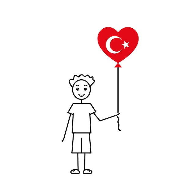 Garçon turc aime la Turquie esquisse un gars avec une illustration vectorielle de ligne noire de ballon en forme de coeur