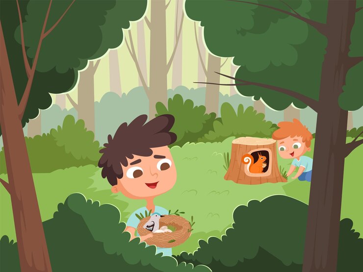 Garçons dans la forêt Aventures de la faune adolescents avec des animaux sur la nature Nid d'oiseau et écureuil enfants heureux camping illustration vectorielle