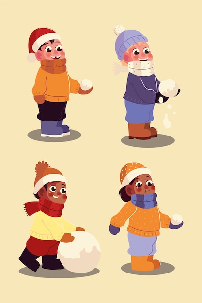 Garçons Drôles Jouant Avec Les Boules De Neige En Illustration Vectorielle Hiver