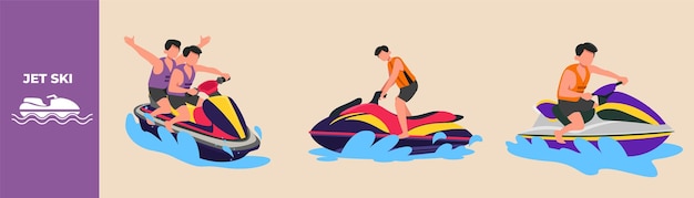 Garçons Faisant Du Jet Ski Sur La Vague Concept De Jeu De Jet Ski D'équitation Illustrations Vectorielles Plates Isolées