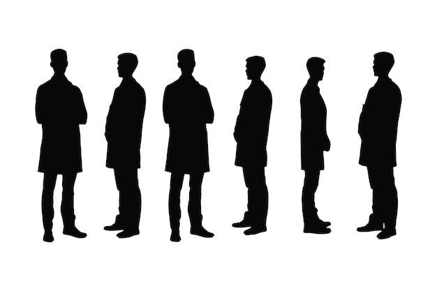 Garçons scientifiques avec des visages anonymes Collection de silhouettes de médecins et chirurgiens masculins Médecin homme portant des tabliers et des faisceaux de silhouette debout Silhouette de médecin masculin sur fond blanc