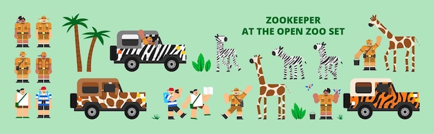 Vecteur gardien de zoo au zoo ouvert set flat design character illustration