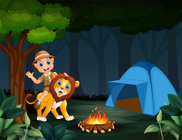 Un Gardien De Zoo Et Un Lion Dans La Jungle La Nuit