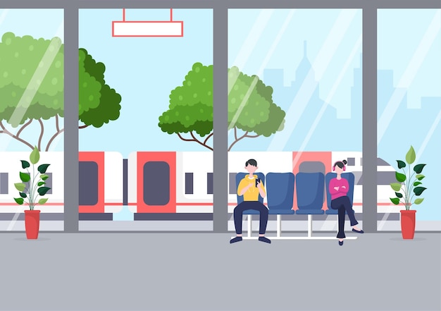 Gare Ferroviaire Avec Paysage De Transport De Train De Personnes Et Métro Intérieur Souterrain En Illustration