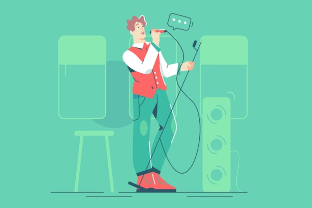 Vecteur un gars élégant parle dans l'illustration vectorielle du microphone. homme hôte de célébrations festives et d'événements à plat. concept de fête, de technologie et de travail. isolé sur fond vert